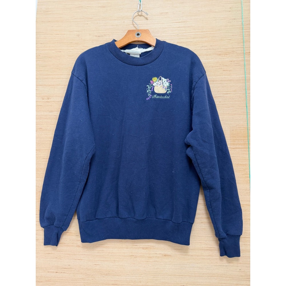 Vintage Artisans Nantucket Embroidered Floral Navy Blue Crewneck Sweatshirt M